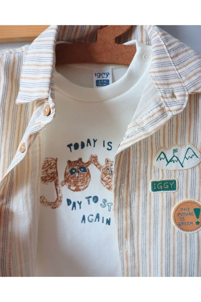 TinyAlp Soft Renkli Çizgili Ve Tasarım Desenli Muslin Badi Gömlek Pantolon Erkek Bebek Takım - 2