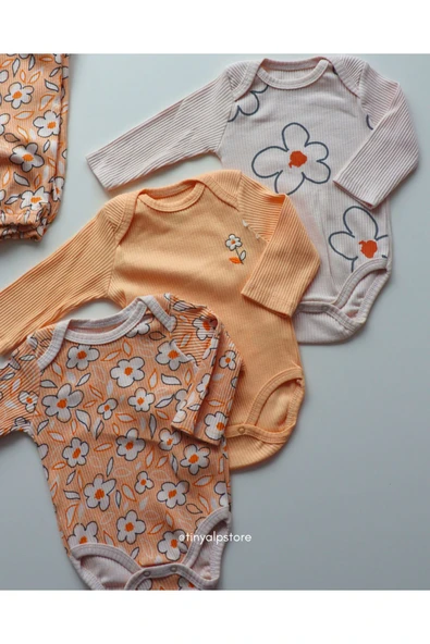 Necix's Pamuklu Rahat Sevimli Çiçek Tasarım Desenli Patikli Alt Üst Kız Bebek 3'lü Zıbın Takımı - 5