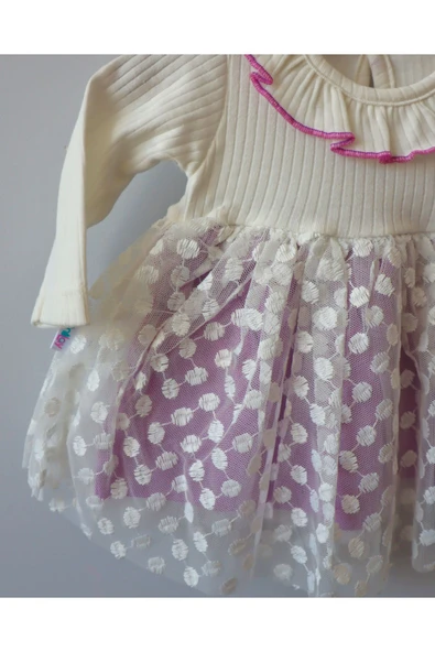 TinyAlp Bayramlık Tütülü Punatiye Detaylı Bebe Yaka Bandanalı Kız Bebek Elbise - 4