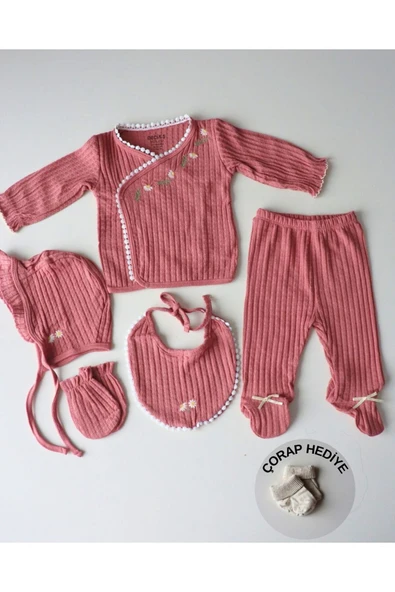 TinyAlp Soft Renkli ve Şık Tasarımlı Naturel Kumaş Kız Bebek 5'li Hastane Çıkış Seti - 9