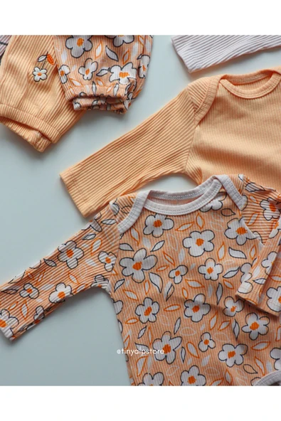 Necix's Pamuklu Rahat Sevimli Çiçek Tasarım Desenli Patikli Alt Üst Kız Bebek 3'lü Zıbın Takımı - 6