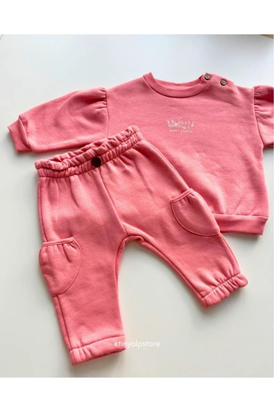 TinyAlp Şardonlu 3 Iplik Kalın Kumaş Kışlık Kargo Cep Detaylı Kapüşonlu Bebek Alt Üst Takımı - 7