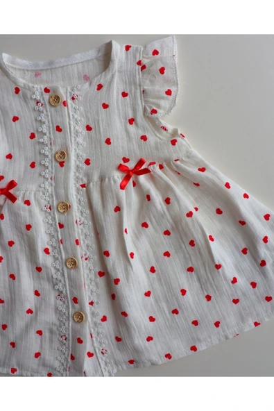 TinyAlp Kalp Desenli Müslin Kumaş Naturel Kız Bebek Elbise - 5