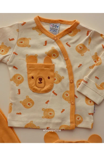 TinyAlp Tasarım Desenli Naturel Pamuk 3'lü Patikli Yenidoğan Erkek Bebek Takım - 8