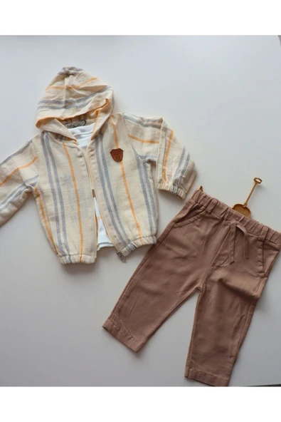 TinyAlp Bayramlık  Tasarım Desenli Ham Naturel Yumuşacık Keten Kumaş Erkek Bebek 3'lü Takım