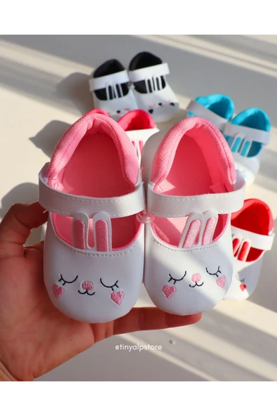TinyAlp Bayramlık Tavşan Kulaklı Soft Renkli Tasarım Işleme Desenli Yumuşacık Taban Kız Bebek Ayakkabı - 9