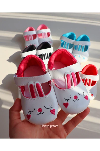TinyAlp Bayramlık Tavşan Kulaklı Soft Renkli Tasarım Işleme Desenli Yumuşacık Taban Kız Bebek Ayakkabı