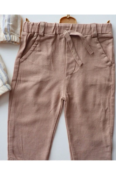 TinyAlp Bayramlık  Tasarım Desenli Ham Naturel Yumuşacık Keten Kumaş Erkek Bebek 3'lü Takım - 3