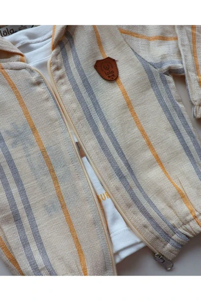 TinyAlp Bayramlık Tasarım Desenli Ham Naturel Yumuşacık Keten Kumaş Erkek Bebek 3'lü Takım - 2