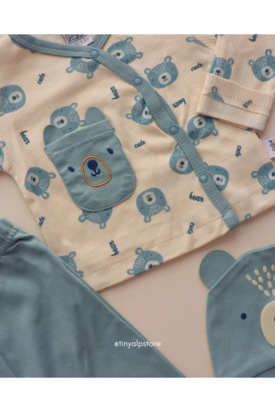 TinyAlp Tasarım Desenli Naturel Pamuk 3'lü Patikli Yenidoğan Erkek Bebek Takım - 5