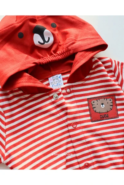 TinyAlp Basic Tasarım Desen Soft Renkli Çizgili Rahat Kumaş Zıbın ve Kapşon 3'lü Erkek Bebek Takım - 4