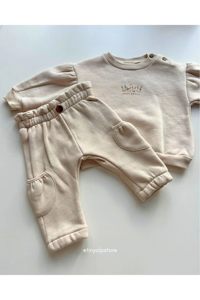 TinyAlp Şardonlu 3 Iplik Kalın Kumaş Kışlık Kargo Cep Detaylı Kapüşonlu Bebek Alt Üst Takımı - 4