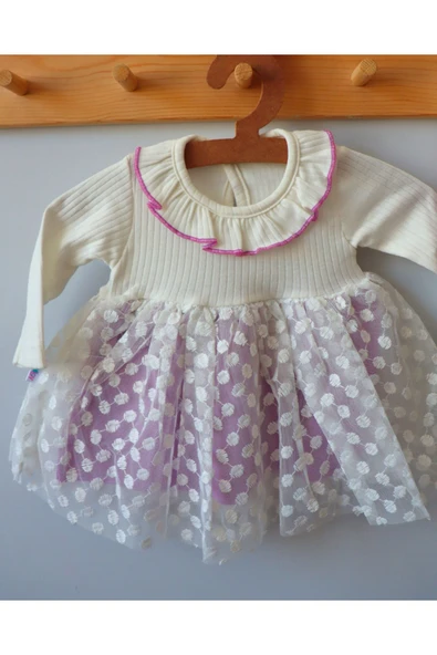 TinyAlp Bayramlık Tütülü Punatiye Detaylı Bebe Yaka Bandanalı Kız Bebek Elbise - 2