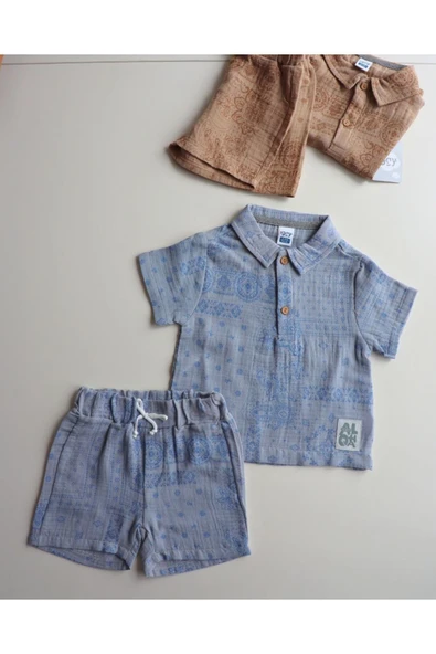 TinyAlp Müslin Kumaş Tasarım Etnik Desen Erkek Bebek Yazlık Takım - 7