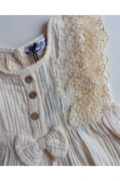 TinyAlp Dantel Güpürlü Naturel Müslin Kumaş Kız Çocuk Elbise - 5