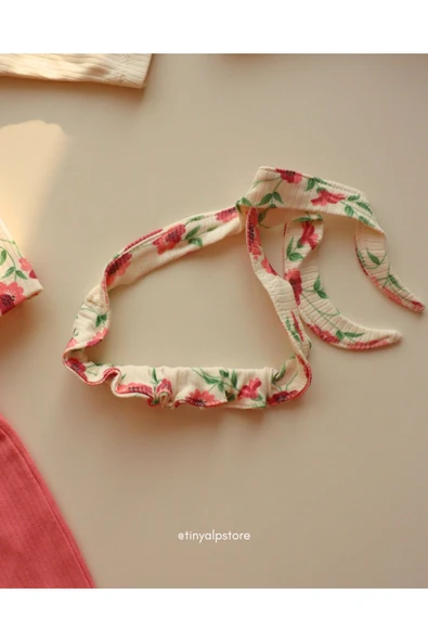 TinyAlp Şık ve Tasarım Çiçek Desenli Soft Renkli Basic Rahat Kumaş Bandanalı 4'lü Kız Bebek Takım - 4