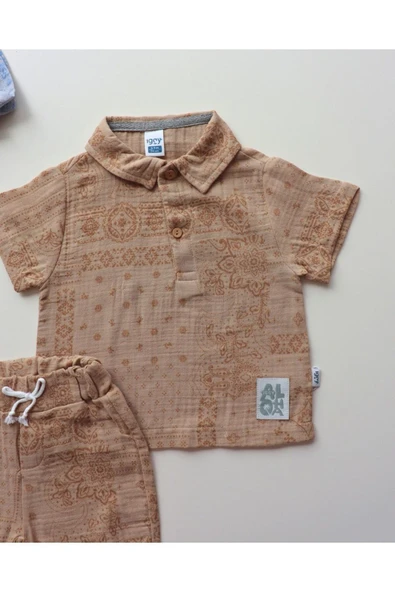 TinyAlp Müslin Kumaş Tasarım Etnik Desen Erkek Bebek Yazlık Takım - 3