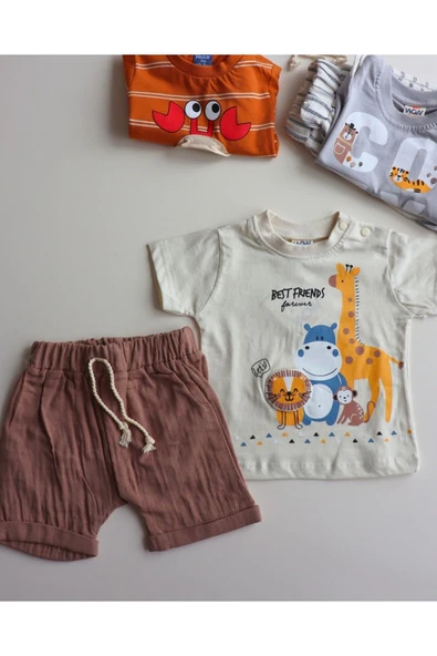 TinyAlp Eğlenceli Tasarım Desenli Yazlık Rahat Şortlu Erkek Bebek Takım - 5