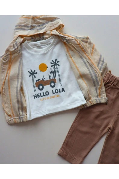 TinyAlp Bayramlık  Tasarım Desenli Ham Naturel Yumuşacık Keten Kumaş Erkek Bebek 3'lü Takım - 6