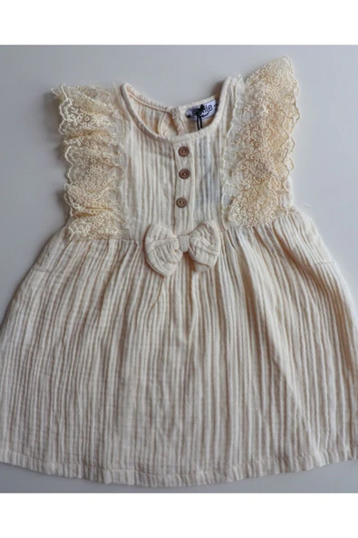 TinyAlp Dantel Güpürlü Naturel Müslin Kumaş Kız Çocuk Elbise - 3