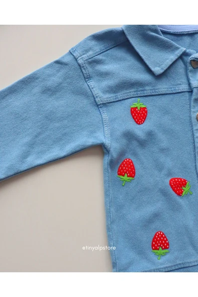 TinyAlp Kabartmalı Tasarım Çilek Desenli Yumuşacık Kot Kumaş Kız Bebek Mevsimlik Ceket - 2