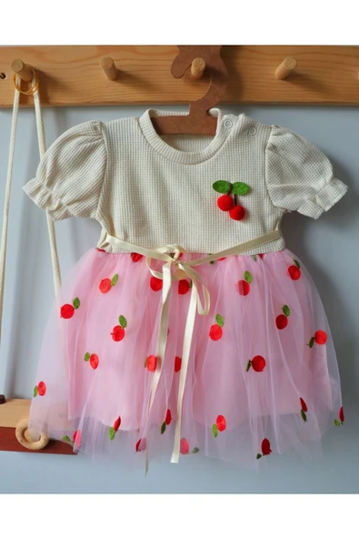 TinyAlp Kiraz Desenli Tüllü Şık Ve Rahat Kız Bebek Elbise - 2
