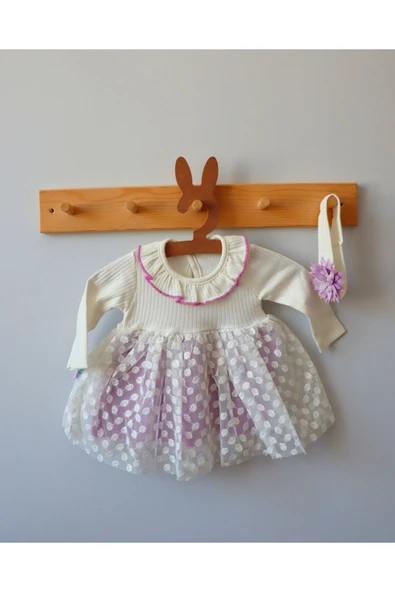 TinyAlp Bayramlık Tütülü Punatiye Detaylı Bebe Yaka Bandanalı Kız Bebek Elbise