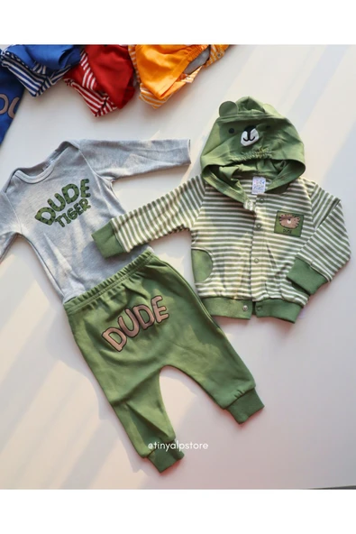 TinyAlp Basic Tasarım Desen Soft Renkli Çizgili Rahat Kumaş Zıbın ve Kapşon 3'lü Erkek Bebek Takım - 6