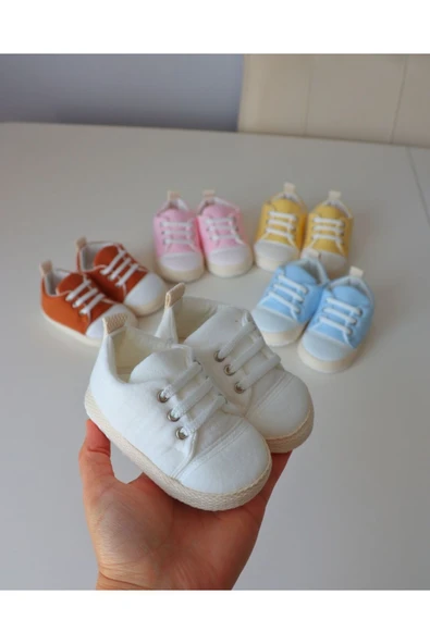 TinyAlp Yazlık Bağcıklı Müslin Kumaş Naturel Tasarım Bebek Ayakkabısı