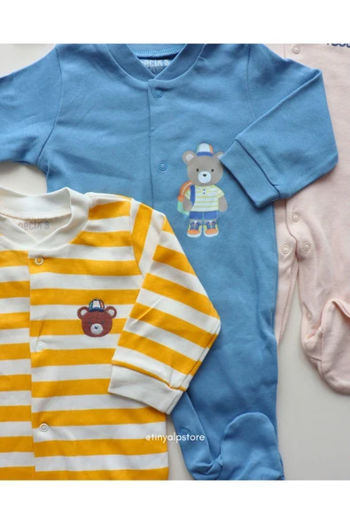 Necix's Pamuklu Rahat Tasarım Ayıcık Desenli Patikli Yenidoğan 3'lü Erkek Bebek Tulum - 4