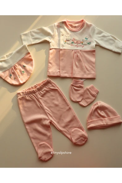 TinyAlp Soft Naturel Kumaş Yumuşacık Pamuk Tasarım İşleme Desenli Yenidoğan Kız Bebek 5'li Takım