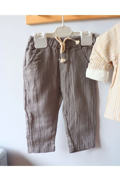 TinyAlp Soft Renkli Çizgili Ve Tasarım Desenli Muslin Badi Gömlek Pantolon Erkek Bebek Takım - 4