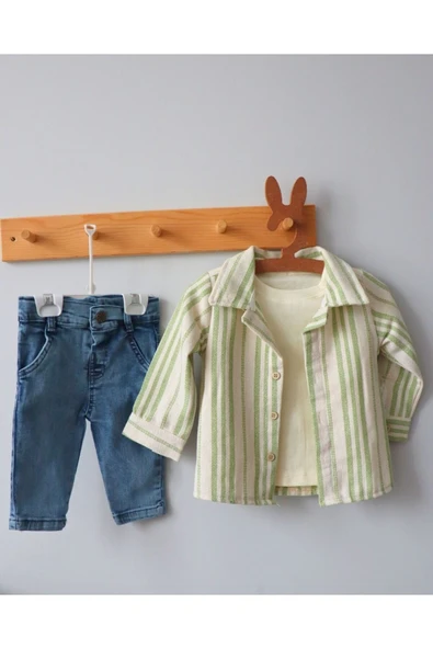 TinyAlp Waffle Kumaş Rahat Ve Esnek Kot Pantolonlu Erkek Bebek 3'lü Takım