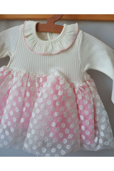 TinyAlp Bayramlık Tütülü Punatiye Detaylı Bebe Yaka Bandanalı Kız Bebek Elbise - 7