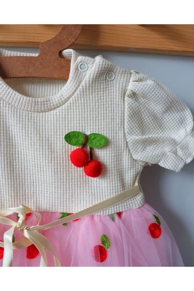 TinyAlp Kiraz Desenli Tüllü Şık Ve Rahat Kız Bebek Elbise - 3