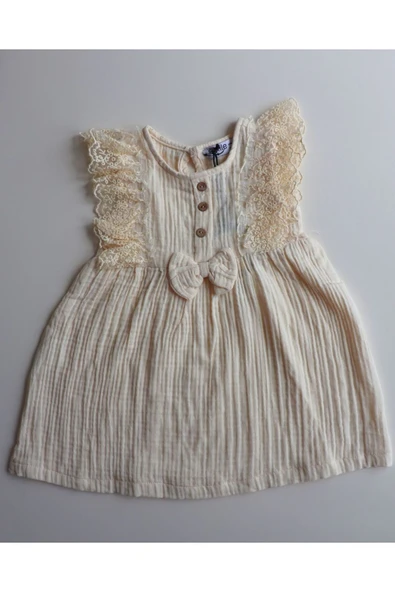 TinyAlp Dantel Güpürlü Naturel Müslin Kumaş Kız Çocuk Elbise - 2