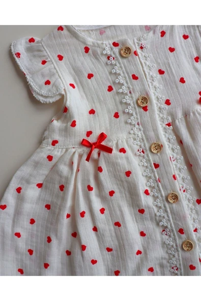 TinyAlp Kalp Desenli Müslin Kumaş Naturel Kız Bebek Elbise - 6