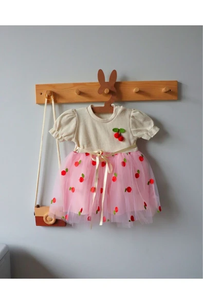 TinyAlp Kiraz Desenli Tüllü Şık Ve Rahat Kız Bebek Elbise