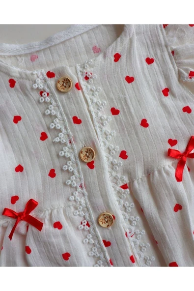 TinyAlp Kalp Desenli Müslin Kumaş Naturel Kız Bebek Elbise - 3