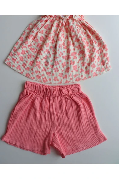 TinyAlp Yazlık Naturel Müslin Kumaş Askılı ve Şortlu Kız Çocuk Takım - 3