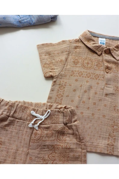 TinyAlp Müslin Kumaş Tasarım Etnik Desen Erkek Bebek Yazlık Takım - 4