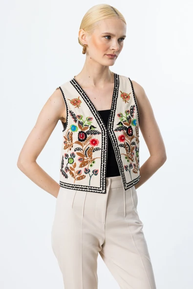 On İşlemeli Boncuklu Pamuk Yelek - 6