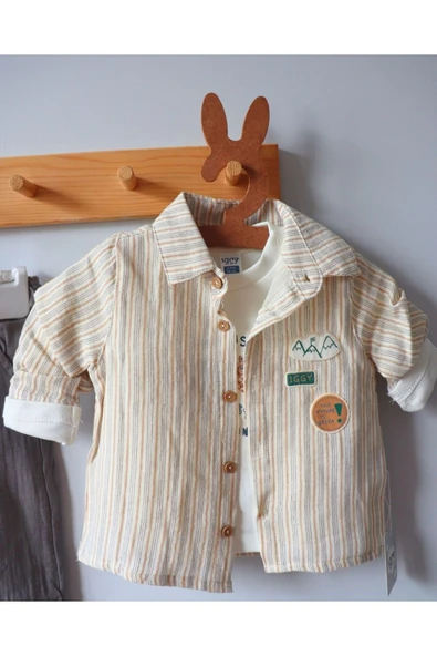 TinyAlp Soft Renkli Çizgili Ve Tasarım Desenli Muslin Badi Gömlek Pantolon Erkek Bebek Takım - 3