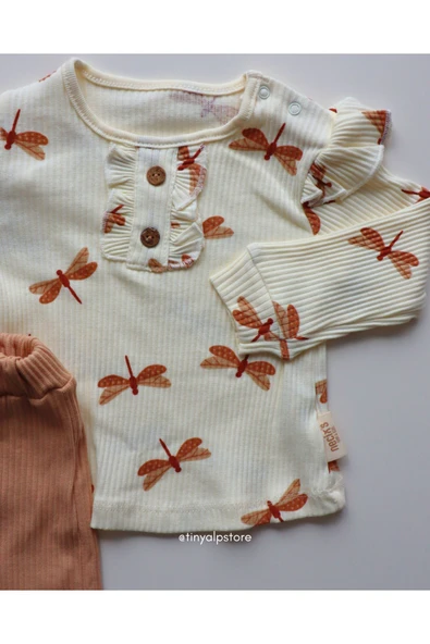 Necix's Pamuklu Rahat Kumaş Tasarım Yusufçuk Desenli Kız Bebek 2'li Alt Üst Takım - 3