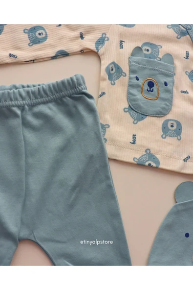 TinyAlp Tasarım Desenli Naturel Pamuk 3'lü Patikli Yenidoğan Erkek Bebek Takım - 2