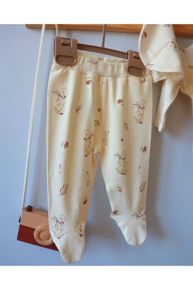 TinyAlp Ördek Desenli Sevimli Tasarım Model Naturel Kumaş Kız Bebek Yenidoğan Takımı - 3