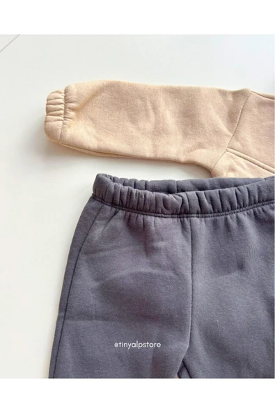 TinyAlp Şardonlu 3 Iplik Kalın Kumaş Kışlık Kargo Cep Detaylı Kapüşonlu Bebek Alt Üst Takımı - 3