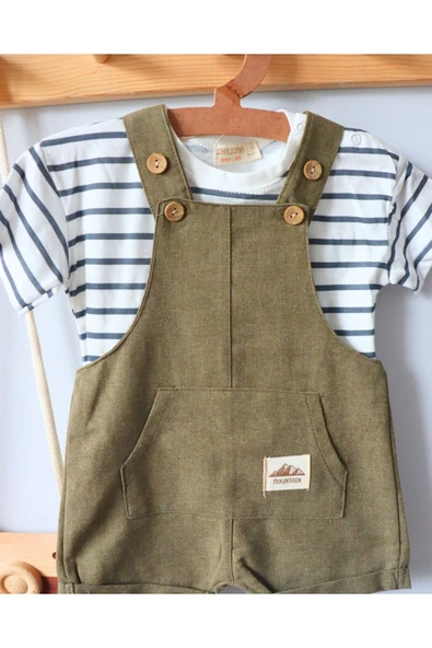 TinyAlp Tasarım Desenli Naturel Keten Kumaş Doğal Ve Soft Renkli Erkek Bebek Tulum Takım - 3