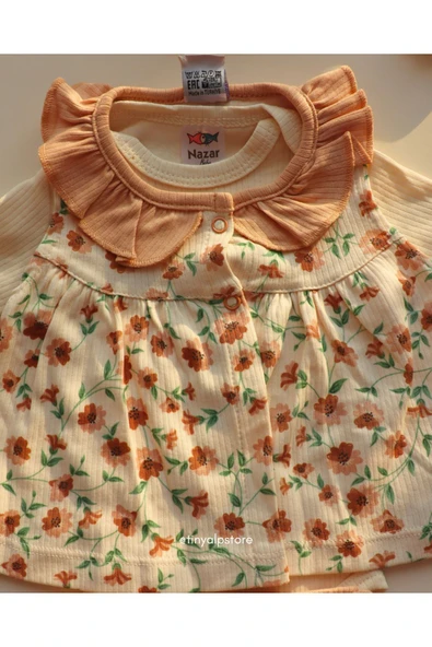 TinyAlp Şık ve Tasarım Çiçek Desenli Soft Renkli Basic Rahat Kumaş Bandanalı 4'lü Kız Bebek Takım - 8