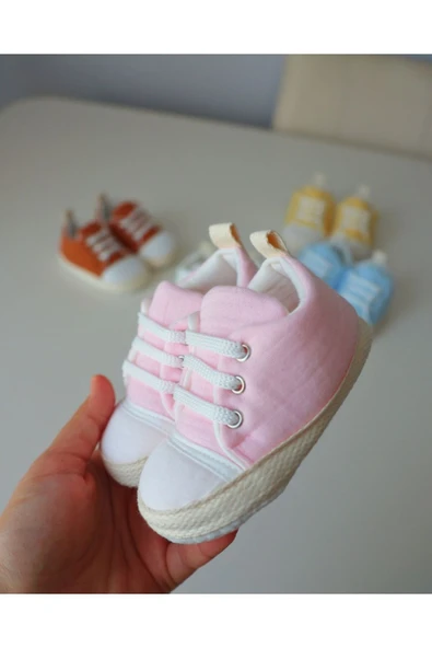 TinyAlp Yazlık Bağcıklı Müslin Kumaş Naturel Tasarım Bebek Ayakkabısı - 4